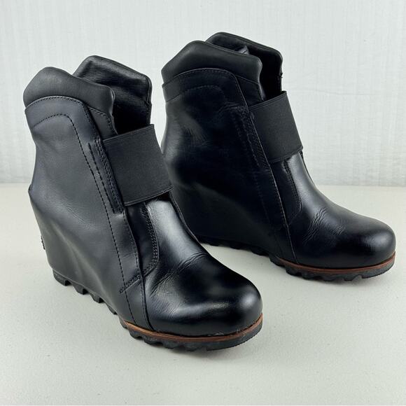 Sorel Fiona Wedge Lux Black Leather Wedge Ankle Boots Size 7 EUR 38 Waterproof - Picture 1 of 11